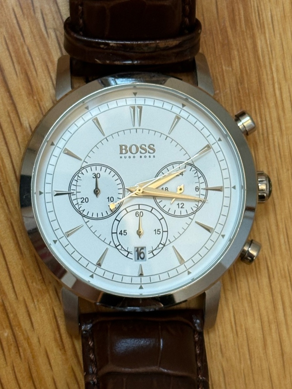 Hugo Boss Brown Leather Strap Men's Watch with Silver Case and White Dial